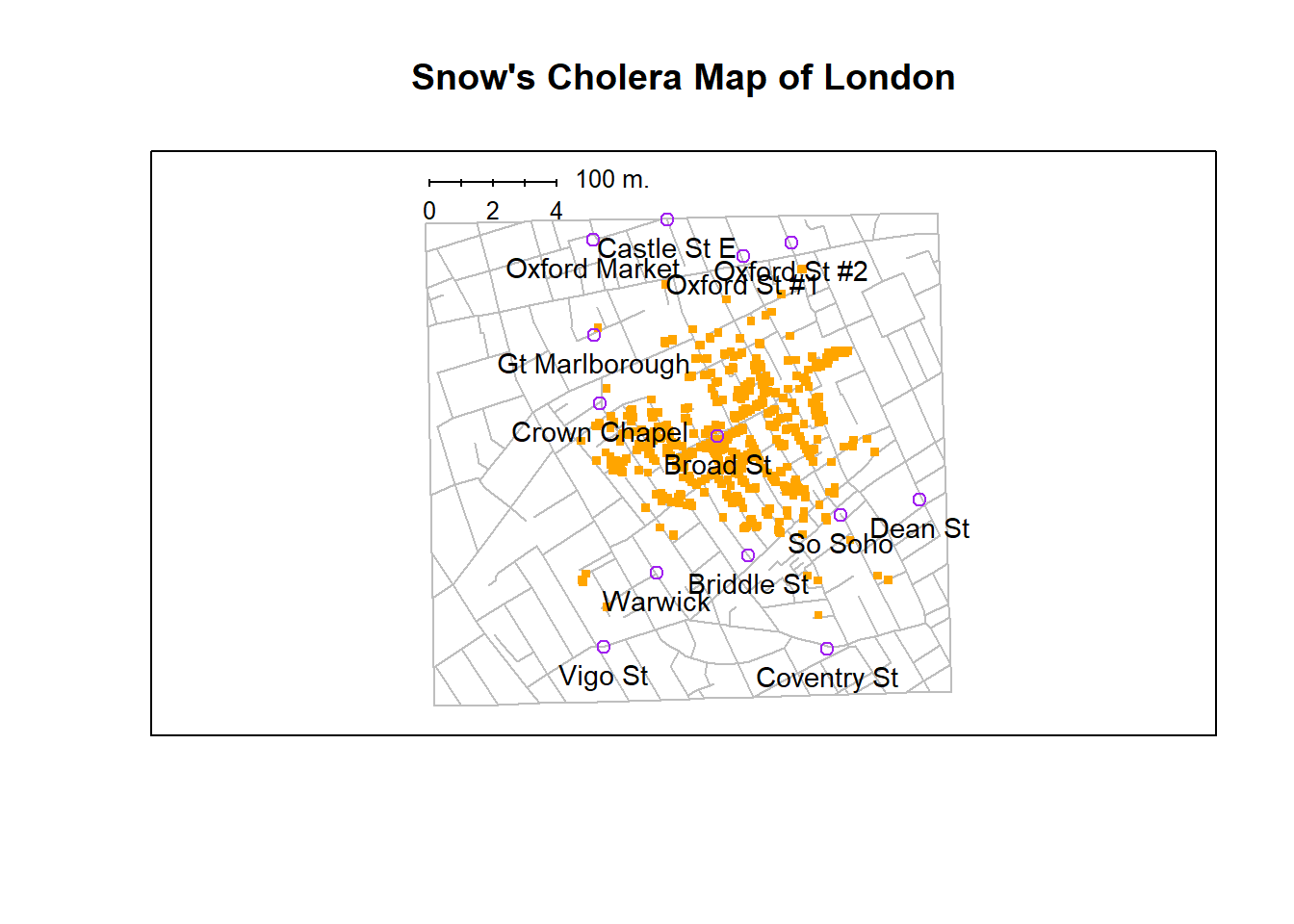 A stylised redrawing of John Snow's original cholera map. Each small dot represents the location of a cholera case, and each large circle shows the location of a well. As the plot makes clear, the cholera outbreak is centred very closely on the Broad St pump.  This image uses the data from the `HistData` package, and was drawn using minor alterations to the commands provided in the help files. Note that Snow's original hand drawn map used different symbols and labels, but you get the idea.